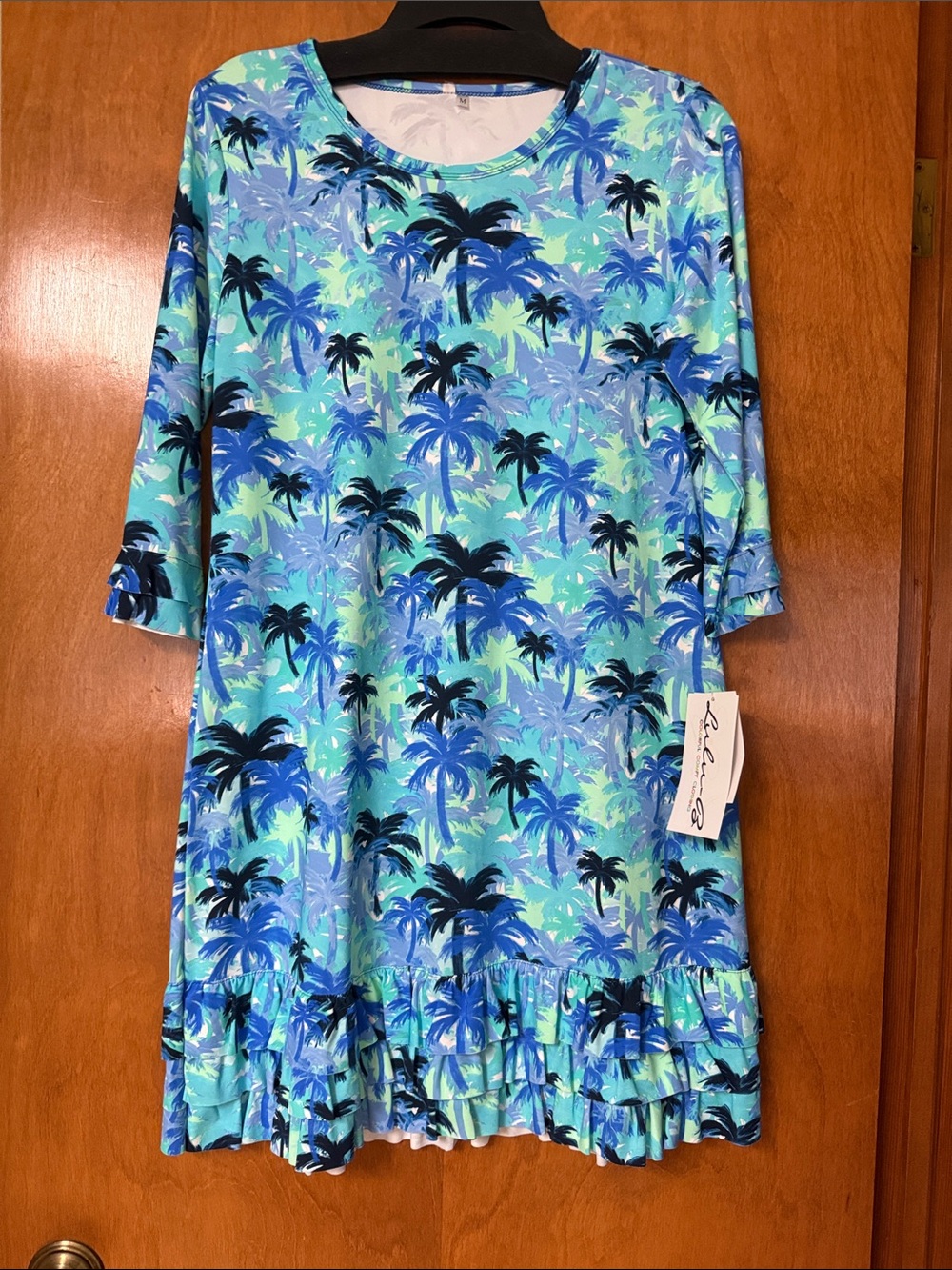 Lulu-B Blue & Teal Palm Print Long Sleeve Dress